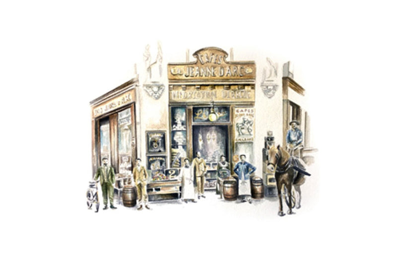 Dessin de la devanture historique des Cafés Jeanne d'Arc, rue de la République à Orléans, à sa création