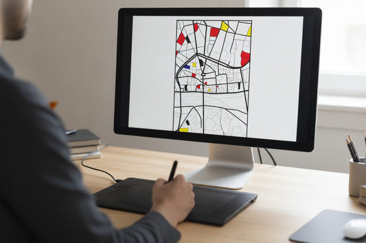 Main tenant un stylet sur une tablette graphique, un plan de ville en cours de tracé à l'écran