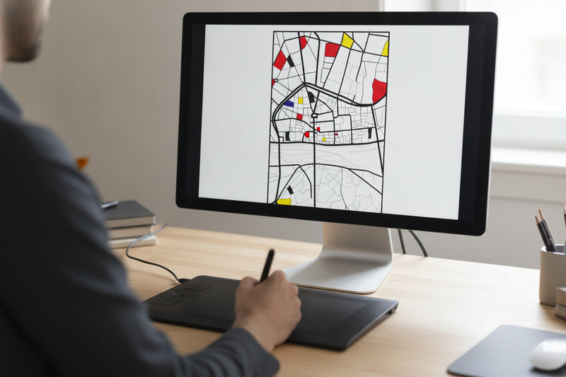 Main tenant un stylet sur une tablette graphique, un plan de ville en cours de tracé à l'écran