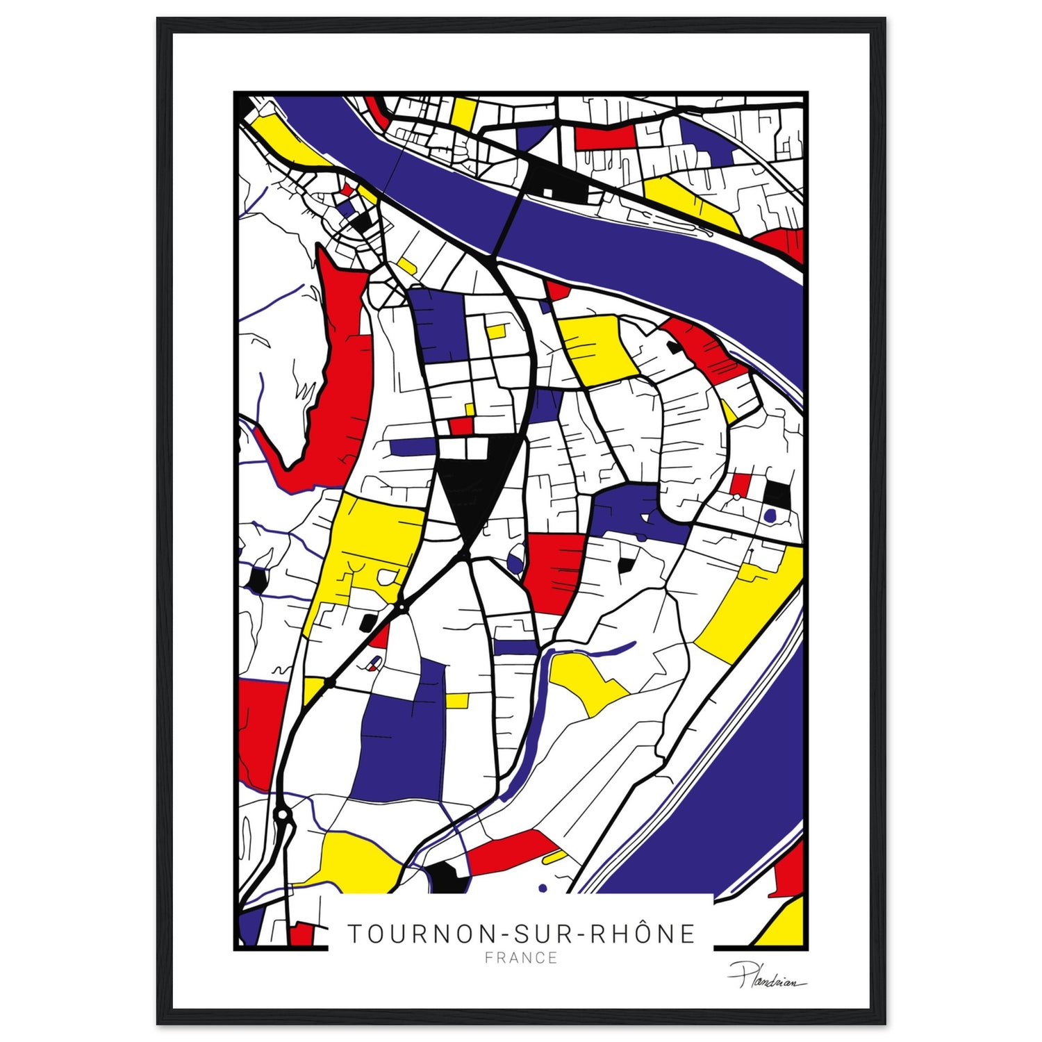 Affiche encadrée de Tournon-sur-Rhône style Mondrian avec cadre - Décoration murale Plandrian